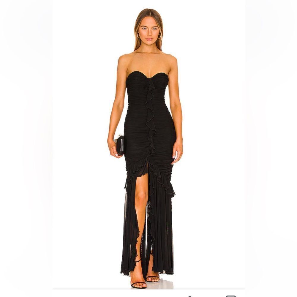Majorelle Giules Gown dress black mesh maxi strapless ruffle ruched Revolve new